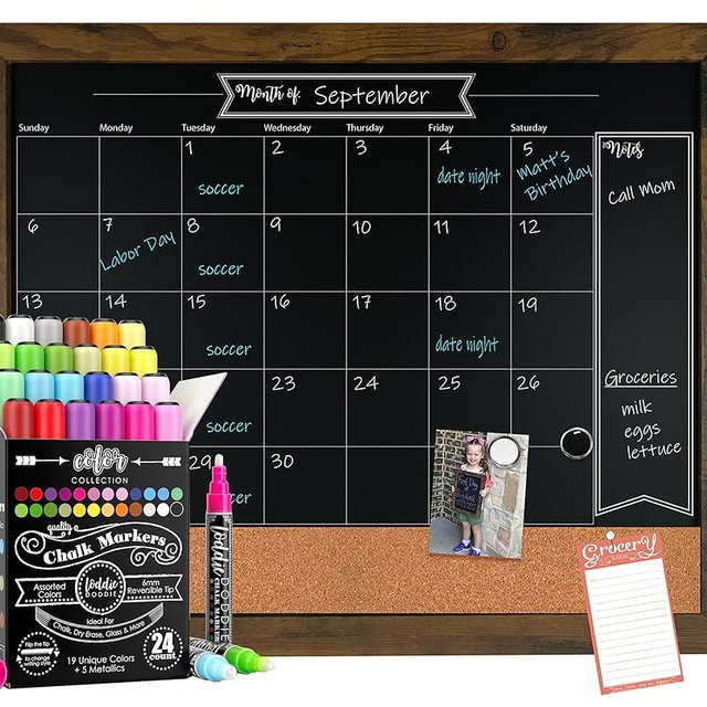 Loddie Doddie 18x24 Rustic Framed Chalkboard Calendar and Bulletin Combo Calendar with Cork Board. 24ct Color Collection of Chalk Markers Perfect for Organizing Your Space