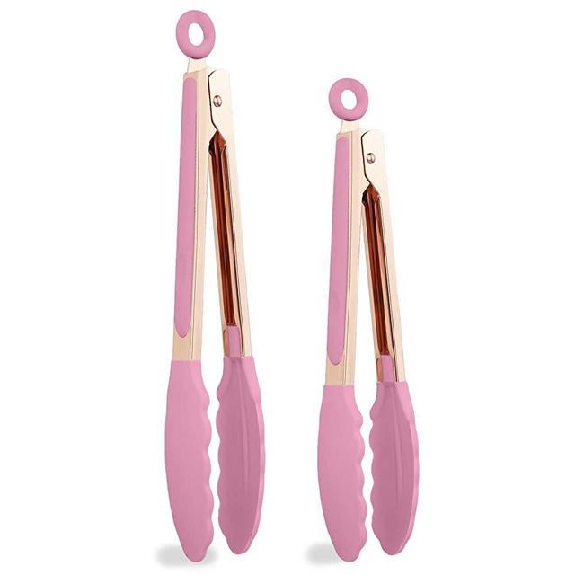 COOK with COLOR Stainless Steel Silicone Tipped Kitchen Food BBQ and Cooking Tongs Set of Two 9” and 12” for Non Stick Cookware, BPA Fee, Stylish, Sturdy, Locking, Grill Tongs, Rose Gold (Blush)
