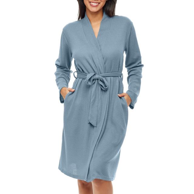 ADR Women's Ribbed Knit Wrap Robe with Pockets, Lightweight Bathrobe Blue Medium