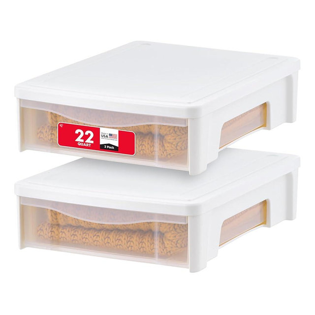 IRIS USA 22 Qt Under Bed Storage, Stackable Organizer Bin Plastic Container with Sliding Drawer, 2 Pack, Multi-Purpose for Clothes, Shoes, Bedding, White