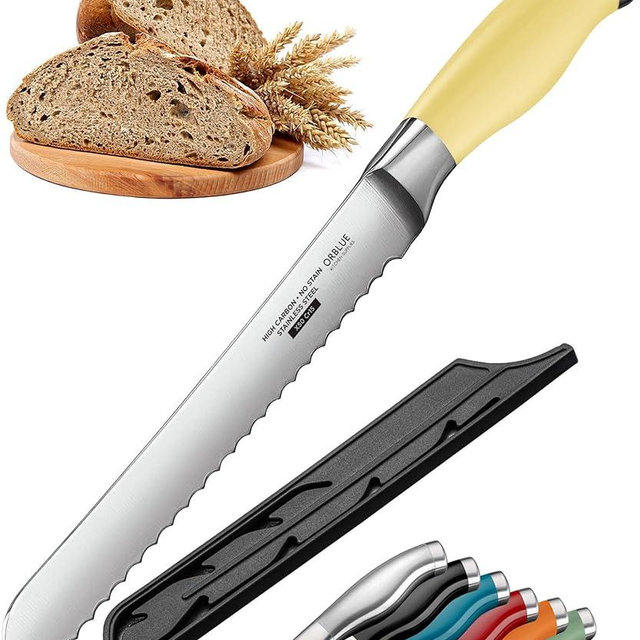 Orblue Serrated Bread Knife Ultra-Sharp Stainless Steel Professional Grade Bread Cutter - Cuts Thick Loaves Effortlessly - (8-Inch Blade with 5-Inch Handle), Yellow