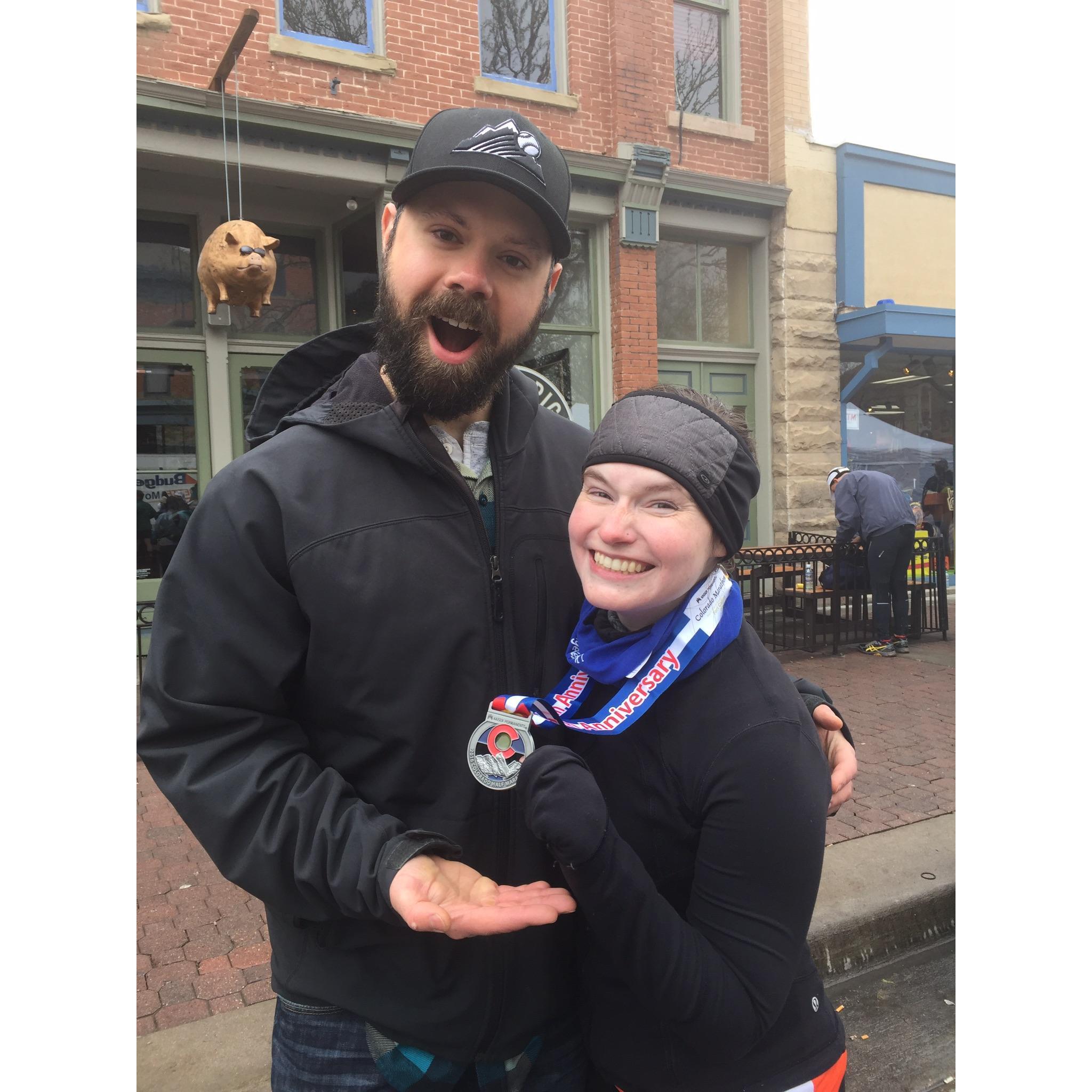 Cheering Lizzy on during the 2016 Colorado half, May 2016.
