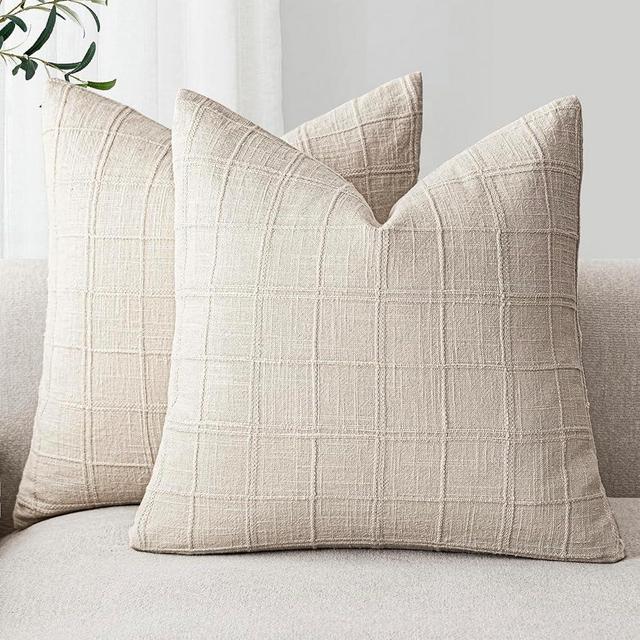 Foindtower Set of 2 Decorative Linen Check Throw Pillow Covers Neutral Farmhouse Vintage Cushion Covers Modern Boho Home Decor For Sofa Chair Couch Bedroom Living Room Outdoor,16×16 Inch,Natural Beige