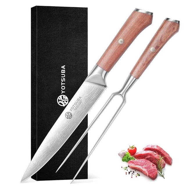 YOTSUBA Carving Knife and Fork Set, Meat Cutting Knife, Razor-Sharp German Stainless Steel Knives Fork Set with Ergonomic Wood Handle, Slicing Knives for Meats, BBQ & Vegetables