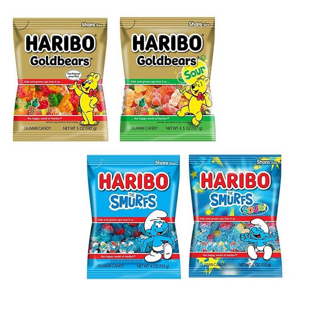 (Variety Pack of 4) Haribo-Goldbears-Goldbears SOUR-the Smurfs-the Smurfs SOUR-gummy candies-goldbears vs smurfs Pack