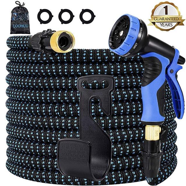 LOOHUU Expandable Garden Hose, Water Hose with 10 Function Spray Nozzle and Durable 3-Layers Latex, Lightweight Flexible Hose with Solid Brass Fittings, Best Choice for Watering and Washing (100FT)