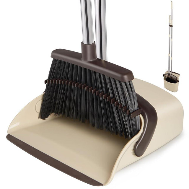 XXFLOWER Broom and Dustpan Set, Dustpans with Broom Combo for Home, Heavy Dust Broom and Dustpan Combo, Long Handle Dust Pan and Broom Set for Kitchen, Office, Pet Hair,Beige, Pack of 1