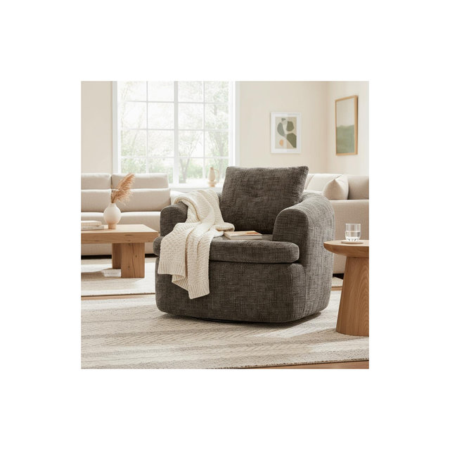 Merax 360° Swivel Barrel Chair with Tufted Backrest and Plush Dual-Layer Cushion, Brown