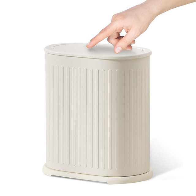 Bathroom Trash Can with Lid, 9L/2.4 Gallon Steel Small Garbage Can with Press Top Lid, Slim Metal Wastebasket Removable Liner Bucket,Dog Proof Bedroom Trash Can Under Desk for Office,Diaper,Toilet