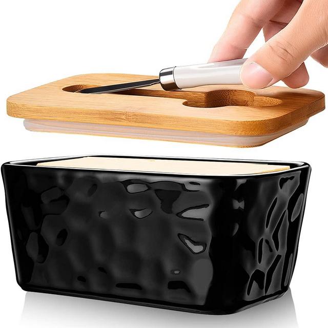 Large Butter Dish Porcelain Butter Dish with Lid and Knife for Countertop Double Silicone Seal Butter Dishes with Covers Perfect for West or East Coast Butter, Unique Stone Pattern Black