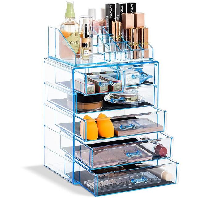 Sorbus Acrylic Makeup Organizer Set, 6-Drawer Vanity & Countertop Cosmetic Storage with Small & Wide Compartments, Blue Brilliance Makeup Storage for Brushes, Jewelry – Holiday Gift for Women & Teens