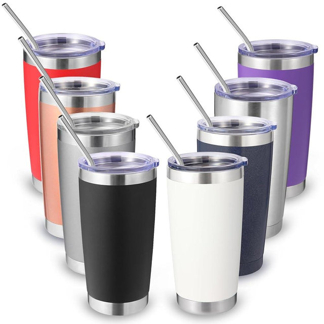 Volhoply 20oz Stainless Steel Tumbler with Lid and Straw Bulk 8 Pack,Double Wall Insulated Travel Iced Coffee Mug Fits Cup holder,Powder Coated Cups for Hot/Cold Drinks,Christmas Gifts（Mix,8 Set）