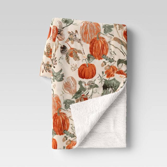 Pumpkin Printed Plush Throw Blanket with Faux Shearing Almond - Threshold™