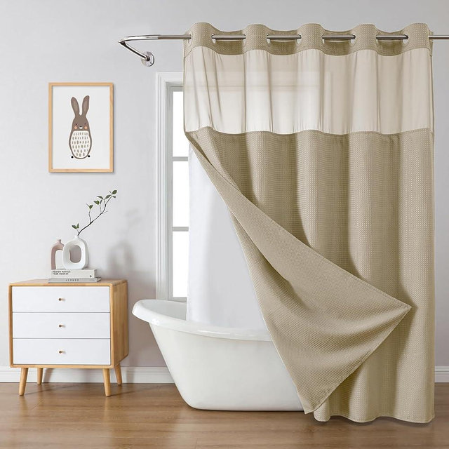 eachope Khaki No Hook Waffle Weave Shower Curtain with snap-in Liner Replacement, 230GSM Waterproof Fabric Hotel Shower Curtain Set for Bathroom, Through Mesh Top Window,71Wx74H