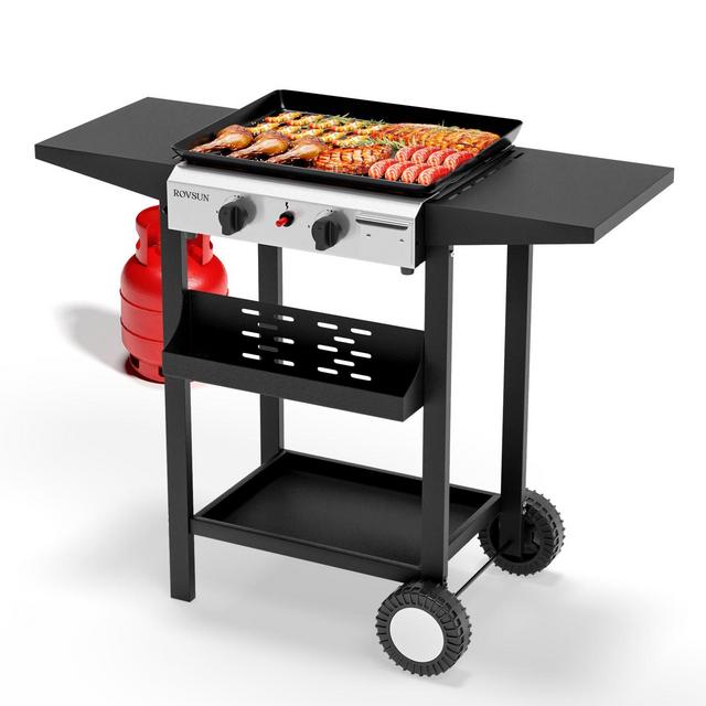 ROVSUN 2 Burner Portable Propane Griddle, 20000 BTU Rolling Flat Top Gas Grill with Electronic Ignition & Regulator for Outdoor Camping BBQ Tailgating