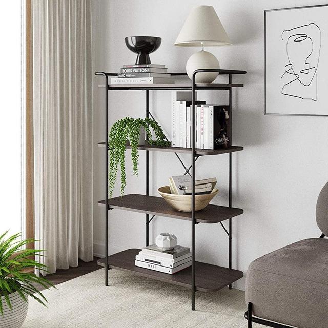Nathan James 61001 Sawyer 4 Tier Shelf Bookcase Small Entryway Console Table Modern Industrial Metal Bookshelf, Dark Oak/Matte Black