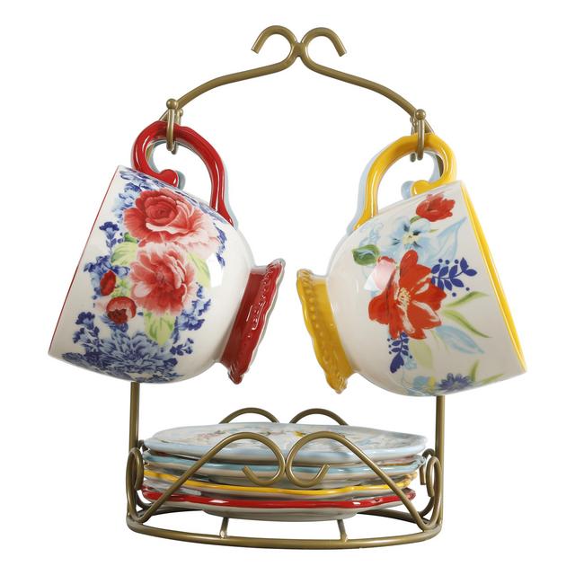 The Pioneer Woman Floral Medley Mug Rack with Appetizer Plates and Mugs, 9-Piece Set
