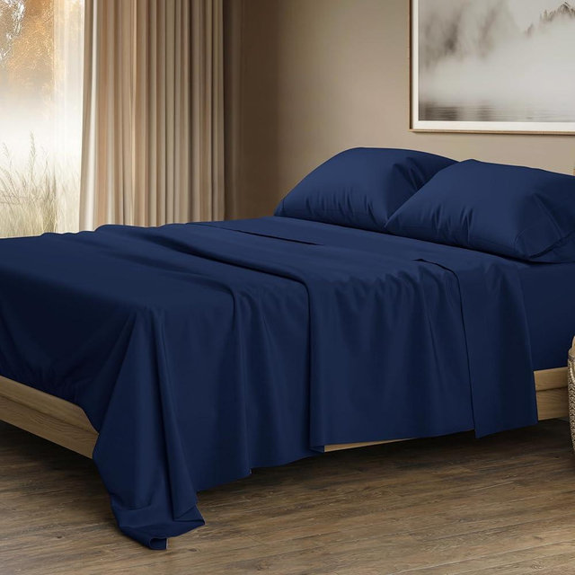 THREAD SPREAD 100% Egyptian Cotton King Size Sheets Set - Luxury 1500 Thread Count Egyptian Cotton Sheets King Size, 17" Deep Pocket, Soft, Cooling Sateen Weave Hotel Quality Bedding Set - Navy Blue