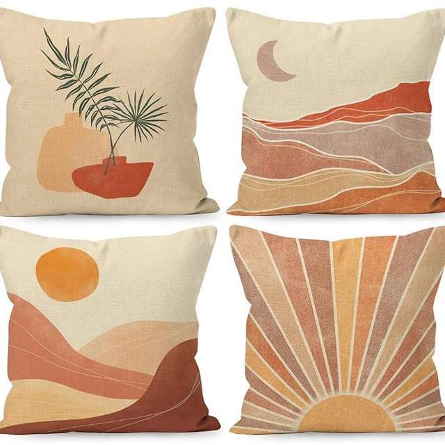 Liosei Boho Throw Pillows,Boho Pillow Cover,Boho Sun Mountain Desert Landscape Plant Linen Throw Pillow Cover 18 x 18 Inch Set Of 4, Boho Throw Pillows For Bed,Boho Home Room Bedroom Decor