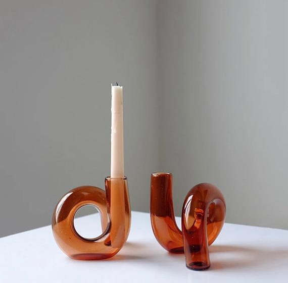Mid Century Nordic Scandi Style Candleholder/Vase. Brown Glass twist Bubble Curved Wiggle Loop Retro Eclectic art deco gift