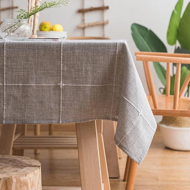 ColorBird Solid Embroidery Lattice Tablecloth Cotton Linen Dust-Proof Checkered Table Cover for Kitchen Dinning Tabletop Decoration (Square, 52 x 52 Inch, Grey)