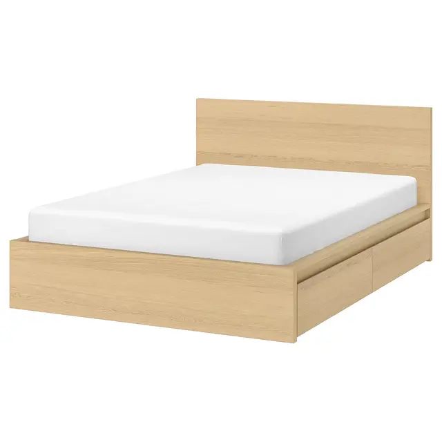 MALM High bed frame/4 storage boxes, white stained oak veneer/LuröyKing