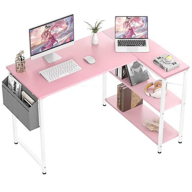 Small L Shaped Computer Desk, Homieasy 47 Inch L-Shaped Corner Desk with Reversible Storage Shelves for Home Office Workstation, Modern Simple Style Writing Desk Table with Storage Bag(Pink)