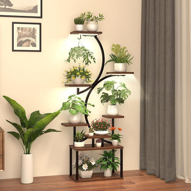 Bttyu Plant Stand Indoor with Grow Lights, 8 Tiered Metal Plant Shelf, Plant Stands with Grow Lights for Indoor Plant Multiple, 62 "Tall Plant Stand for Indoor Living Room, Balcony and Patio