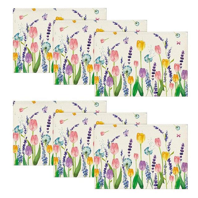 Artoid Mode Lavender Tulip Spring Placemats for Dining Table, 12 x 18 Inch Summer Seasonal Holiday Decoration Rustic Vintage Washable Table Mats Set of 6