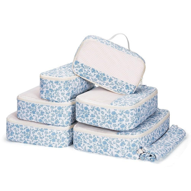Narwey 7 Set Floral Packing Cubes for Travel Carry on Suitcase Luggage Organizer Bags for Kids Women Men, Durable Packing Organizers Bag, Travel Essentials Accessories (Little Blue Flower)