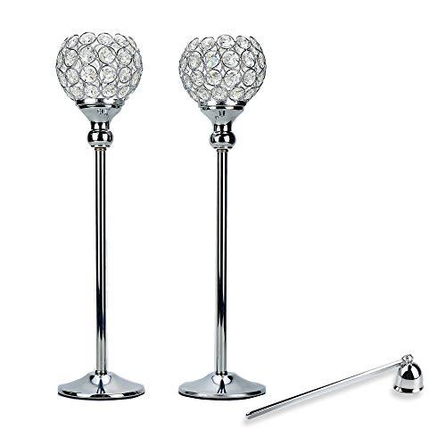 Lindlemann Tall Crystal Candle Holders - Set of 2, with Candle Snuffer - Ornate centerpieces for Tables - for Use with Candlesticks, Tealight, Voltive and Flameless Candles [Silver, 17 inches]