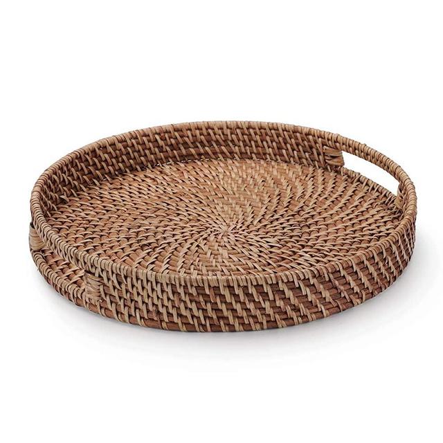 13.8 inch Rattan Tray, Round Wicker Tray with Cut-Out Handles, Woven Serving Tray for Dining / Coffee Table