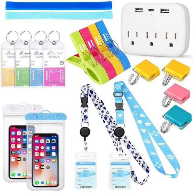 Cruise Ship Essentials for Carnival Cruise Ship, Waterproof Cruise Luggage Tags and Magnetic Hooks, Lanyards for Cruise Ship Cards with Power Strip for Carnival Cruise Must Haves Kit 19 Pcs