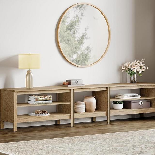 WAMPAT TV Stand for 85 Inch TV, Wood Entertainment Center for 80 90 100 inch TV Console Table with 5 Cubby Storage for Living Room Bedroom, Oak