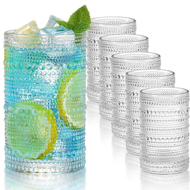 FayuuGem Highball Drinking Glasses, 15 Oz Vintage Style Hobnail Glass Drinking Glasses