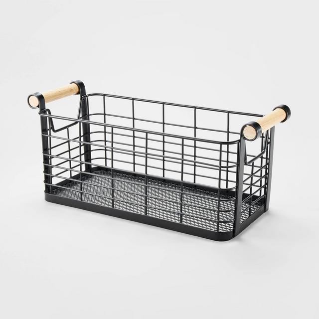 12" x 6" x 6" Small Rectangular Wire Natural Wood Handles Basket Black - Brightroom™