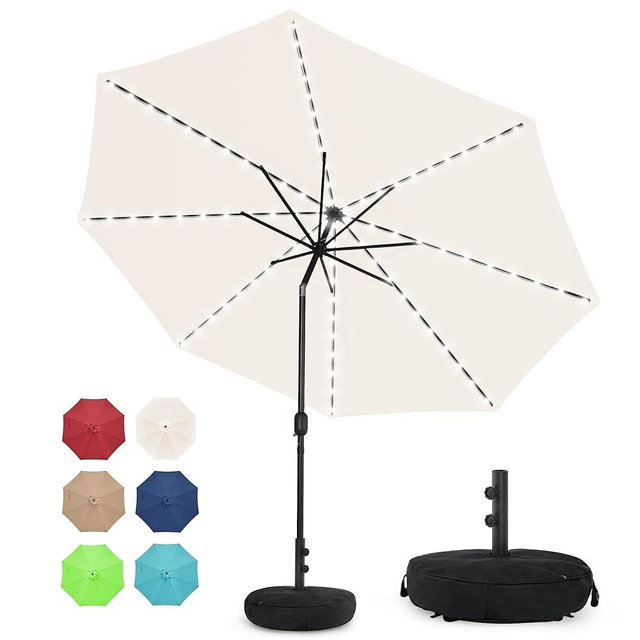 Sundale Outdoor Solar 88 LED 10 ft Patio Umbrella with Sand Bag Umbrella Base, Outdoor Umbrella with Tilt and Crank, Beige