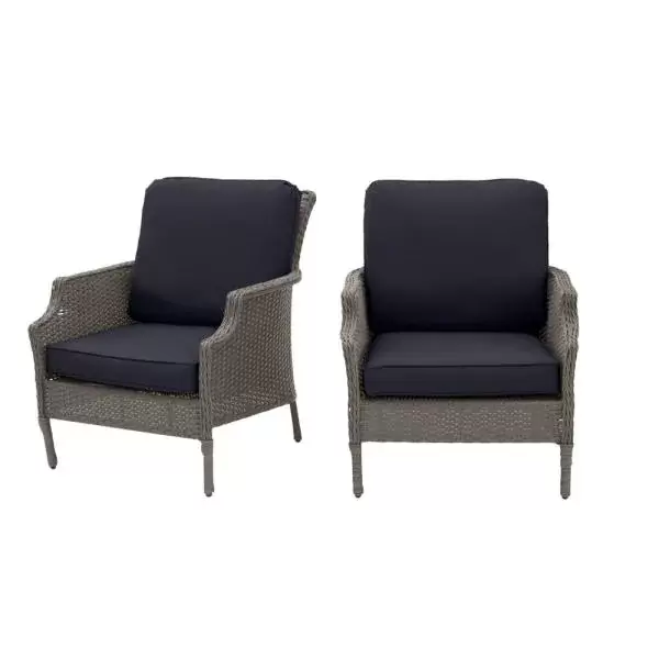 Grayson Ash Gray Wicker Outdoor Patio Lounge with CushionGuard Midnight Navy Blue Cushions (2-Pack)