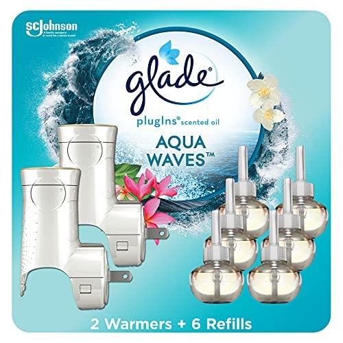 Glade PlugIns Refills Air Freshener Starter Kit, Scented and Essential Oils for Home and Bathroom, Aqua Waves, 4.02 Fl Oz, 2 Warmers + 6 Refills