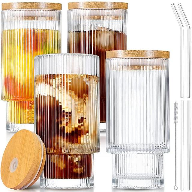 GMISUN Ribbed Glassware, Ribbed Glasses 12oz, Ribbed Glass Cups with Bamboo Lids and Straws, Fluted Glassware, Drinking Glasses Set of 4, Iced Coffee Cup for Cocktail, Beer, Juice, Milk, Decor, Gift