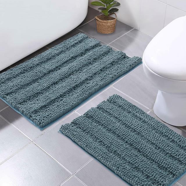 NICETOWN Stone Blue Bath Rugs Slip-Resistant Absorbent Soft and Fluffy Thick Striped Bathroom Mats Non Slip Microfiber Dry Fast Bath Mats for Kids Pets Baby Nursery (Set of 2-20" x 32"/17" x 24")