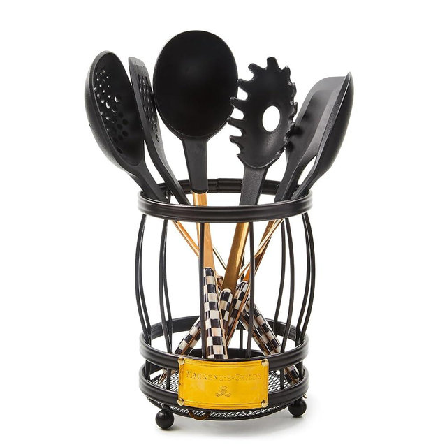 MACKENZIE-CHILDS Utensil Caddy Set with Kitchen Utensils, Black-and-White Courtly Check