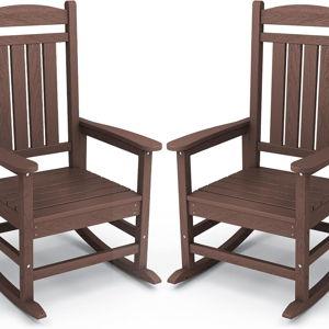 KINGYES Outdoor Rocking Chair Set 2, All Weather HDPE Patio Rocking Chairs for Adults, Coffee Brown