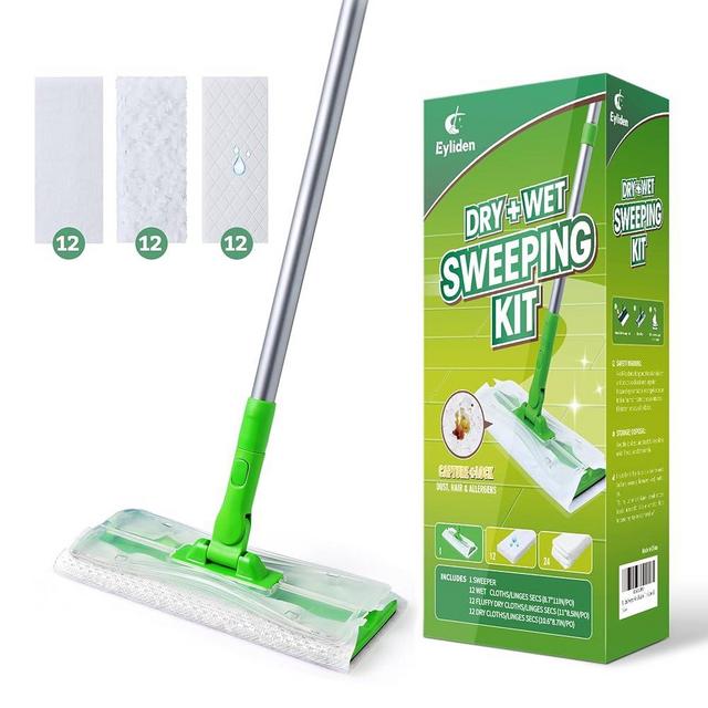Eyliden Sweeper Mop - Lock Tight Design No Lost Pads - 36 Disposable Dry & Wet Cloths, Dust Mop Starter Kit for Pet Hair, Hardwood Floors, 360 Swivel, Universal Refills, Efficient Floor Cleaning