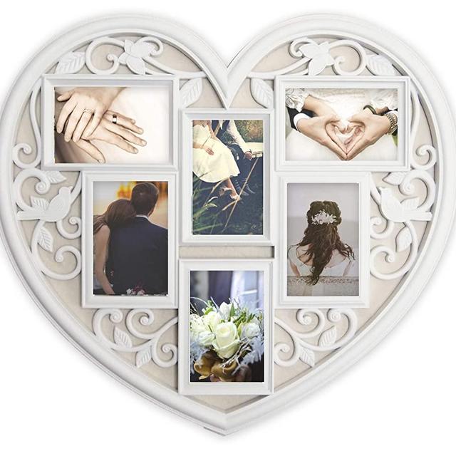 JOICE GIFT White Wall Large Hanging Heart Shape Collage Picture Frame 6 Opening 4" x 6"