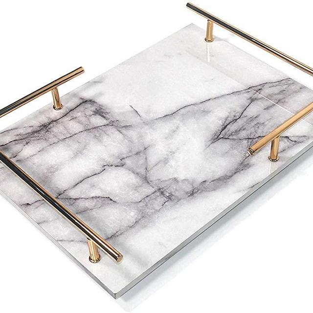 PuTwo Decorative Tray, MDF Tray with Marble Print, Handmade Vanity Tray, Perfume Tray with Gold Metal Handle, Trinket Tray, Catchall Tray for Dresser Bathroom Vanity Table (Gray and White)