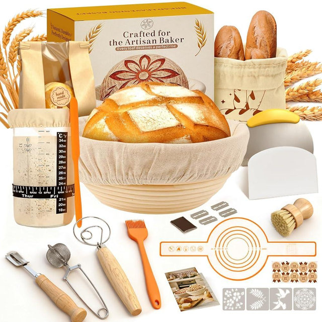 Yeeyuue Complete Sourdough Starter Kit for Beginners & Bakers | Sourdough Bread Baking Supplies with Round Banneton Bread Proofing Basket, Bread Sling, Starter Jar, Dough Whisk, Scrapers, Bag & Manual