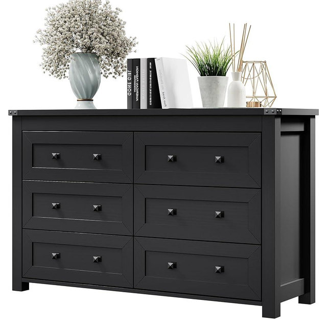 Dresser for Bedroom with 6 Drawers, Farmhouse Wood Chest of Drawers, Wide TV Stand Closet Storage Furniture with Metal Handle, Modern Clothes Organizer for Hallway, Living Room, Entryway, Black