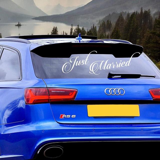Just Married Car Vinyl Wedding Sticker - Window Glass Gift Decor Stick Quote Vehicle Decal - Couple Bridal Removable White Sign Mural