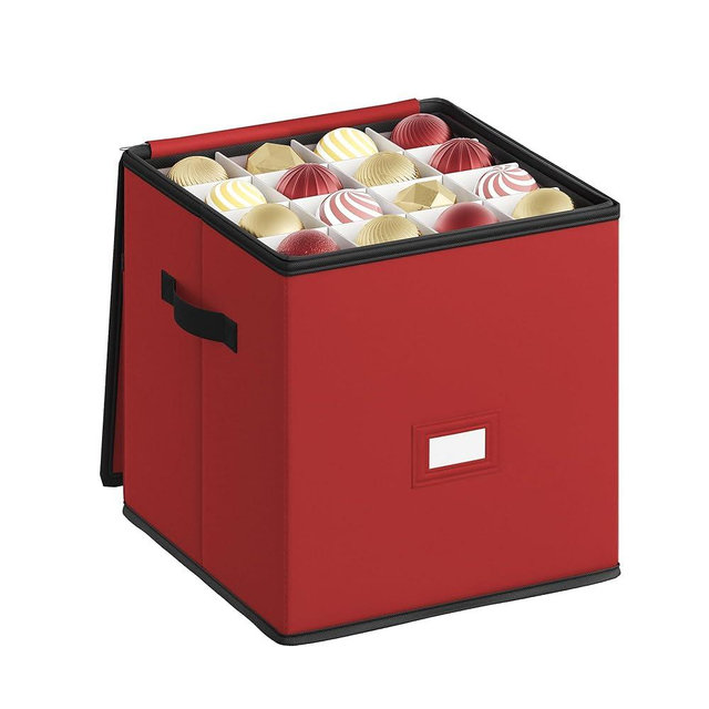 SONGMICS Christmas Ornament Storage Box, Dual Zippers, Stackable Christmas Storage Container with Lid, 4 Trays, 600D Oxford, 3-Inch 64 Slots, Cherry Red URFB034R01